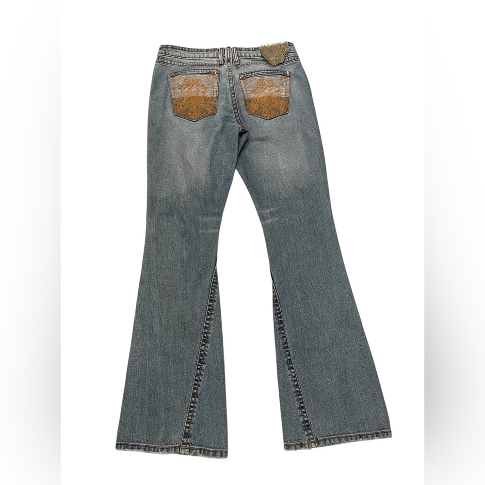 Industrial Cotton Y2K Low Rise Flare Embroidered Blue Denim Jeans Junior Size 13